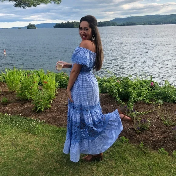 blue gingham off the shoulder dress Sutton Periwinkle Gingham Dress XS